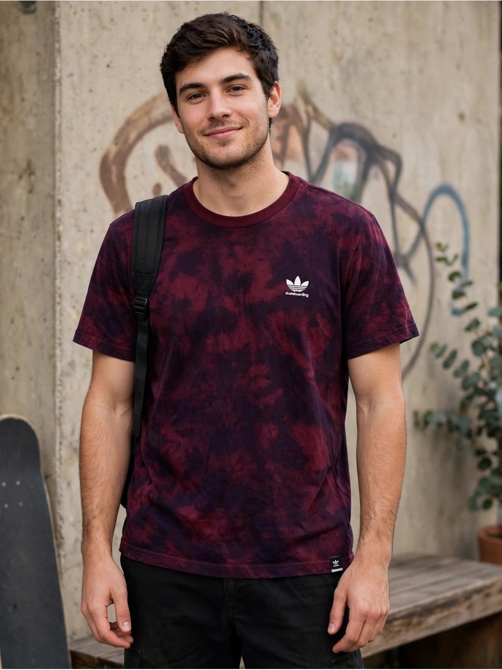 ADIDAS SKATEBOARDING TREFOIL T-SHIRT MAROON BURGUNDY TIE DYE ACID WASH MENS M